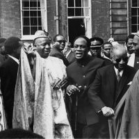 From left to right, Sir Albert Margai, Prime Minister of Sierra Leone, Kwame Nkrumah, President of Ghana, Dr Hastings Banda, Prime Minister of Malawi and Sir Abubakar Tafawa Balewa (1912 - 1966), Prime Minister of Nigeria,  at Marlborough House in London for the opening of the annual Commonwealth Prime Ministers' Conference, 17th June 1965.  (Photo by Keystone/Hulton Archive/Getty Images)